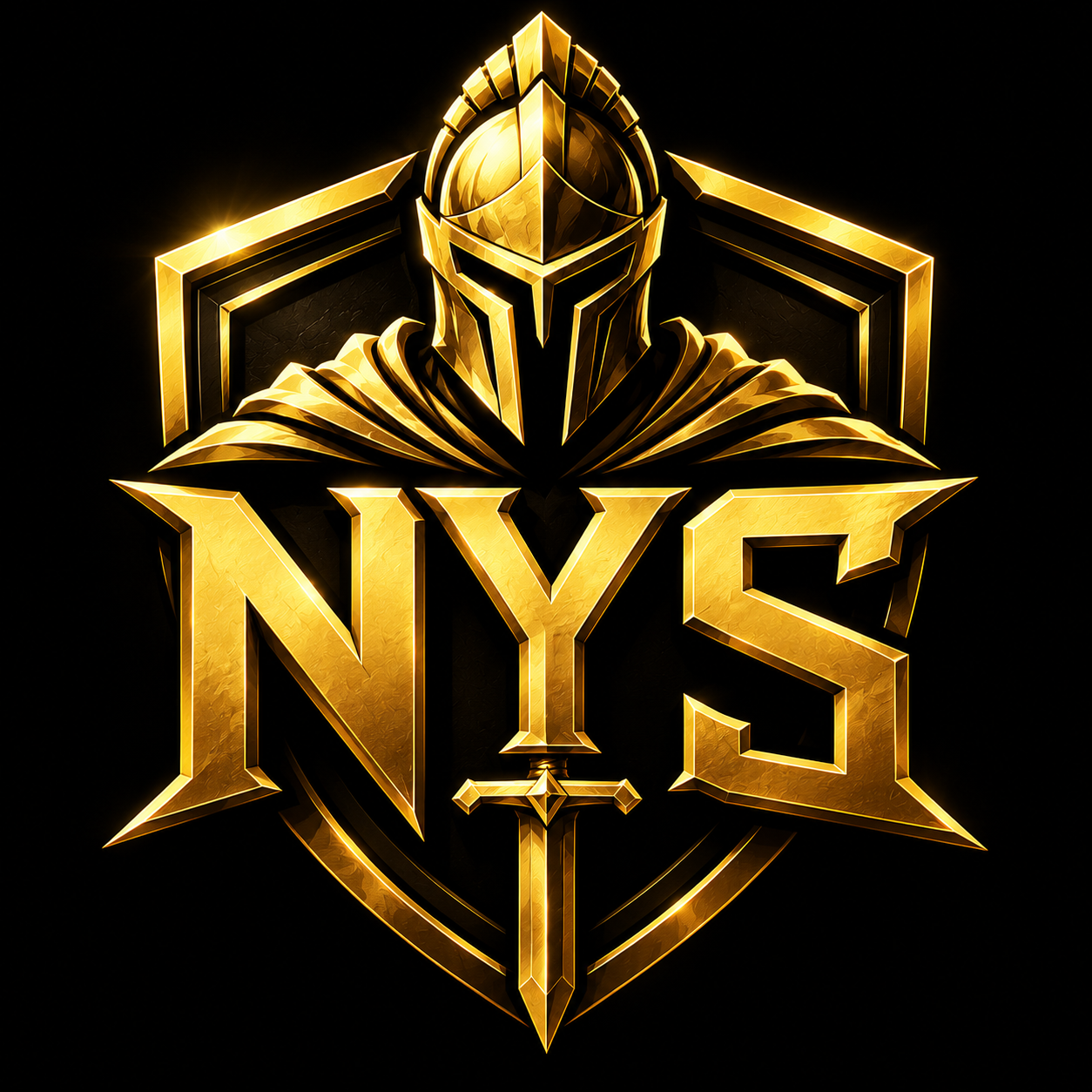 NYS Knights golden knight logo with helmet, shield and sword
